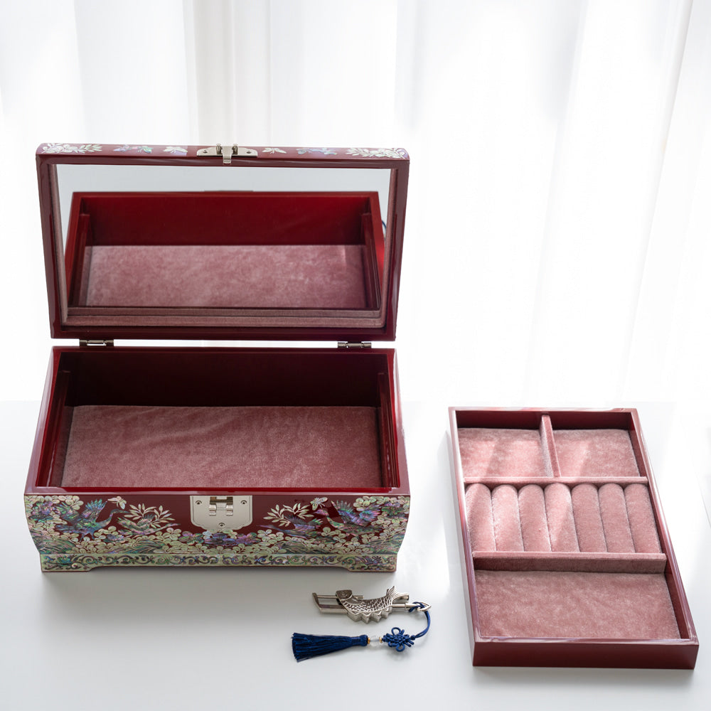 Najeonchilgi lacquerware Crane & Pine Ten Symbols of Longevity Double Door Drawer Mother of Pearl Jewelry Box Large