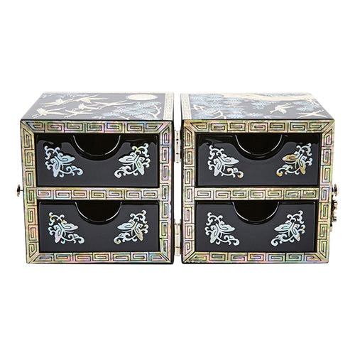 Crane & Pine Cloud Pattern Border Double Lidded Mother of Pearl Jewelry Box (Medium, Glossy, Oh Myung - Ho)