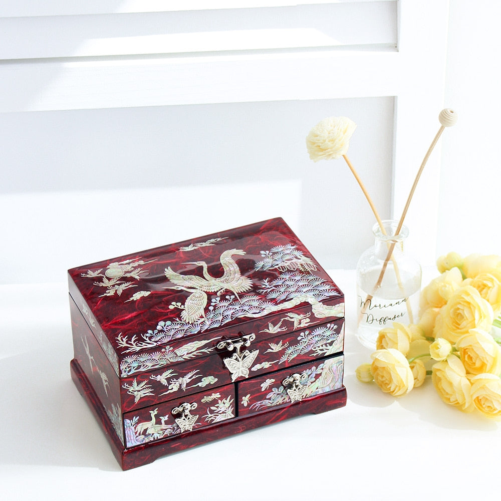 Najeonchilgi 1-Tier Hanji Pine & Crane 2-Drawer Mother of Pearl Jewelry Box