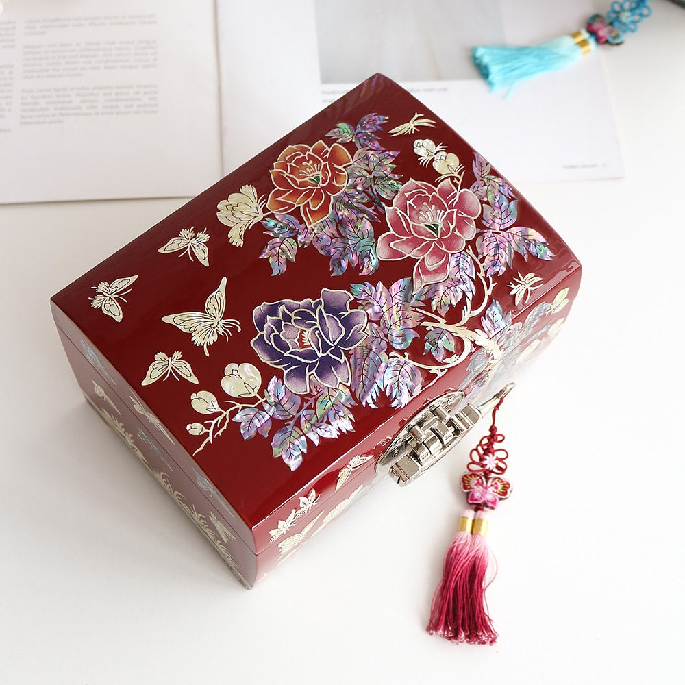 Premium 2-Tier Najeonchilgi Rounded Peony Red Mother of Pearl Jewelry Box, 18 cm (Master Artisan Jang Tae-bok)