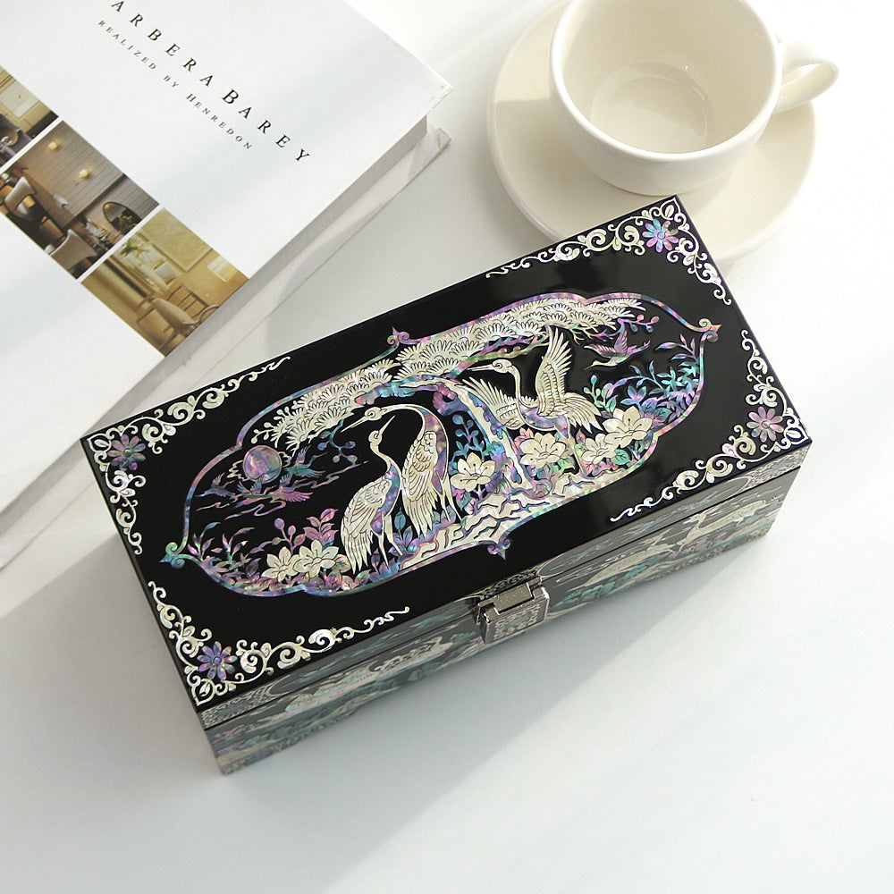 Premium Pine & Crane Najeonchilgi 2-Tier Mother of Pearl Jewelry Box, 24 cm (Master Artisan Hong Seok-pyo)