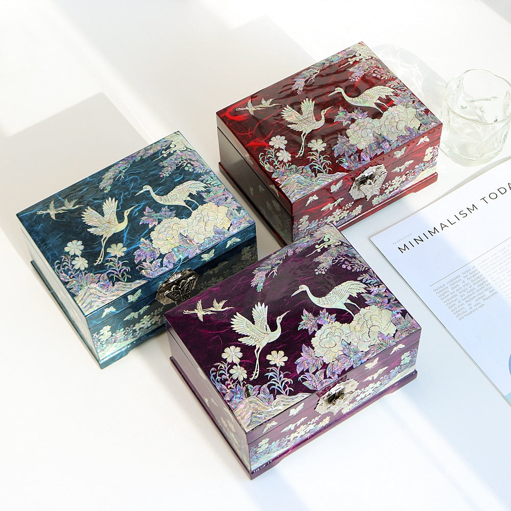 Najeonchilgi Peony Pine & Crane Hanji Mother of Pearl Jewelry Box, 18 cm