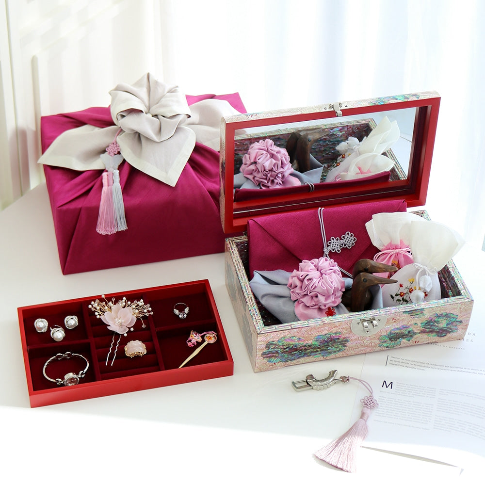 Premium Najeonchilgi Rounded Peony of Wealth Mother of Pearl Jewelry Box Yedan Wedding Gift Box, 30 cm