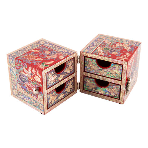 Square Flowers & Birds Double Lidded Mother of Pearl Jewelry Box (Small, Red)