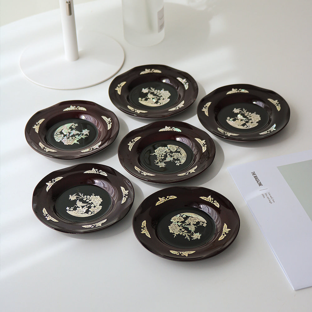 6-Piece Set: Najeonchilgi Arabesque Four Gentlemen Tea Coaster Set (Chrysanthemum) Mother of Pearl Coaster Traditional Coaster (Master Artisan Lee Won-geun)