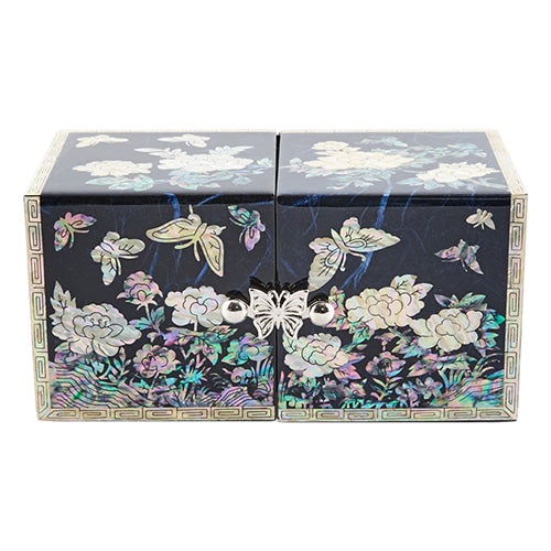 Peony Cloud Pattern Border Hanji Double Lidded Mother of Pearl Jewelry Box (Small, Glossy, Blue)