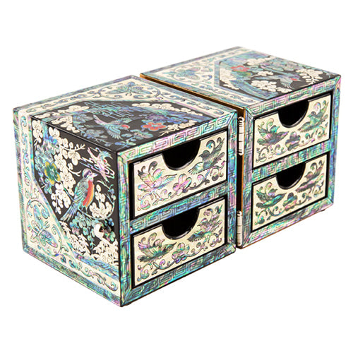 Flowers & Birds Double Lidded Mother of Pearl Jewelry Box (Black)