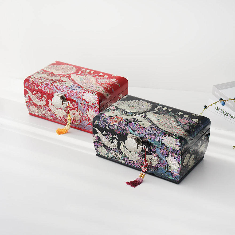 Masterpiece Najeonchilgi Peacock Peony of Wealth 3-Tier Rounded Mother of Pearl Jewelry Box, 30 cm