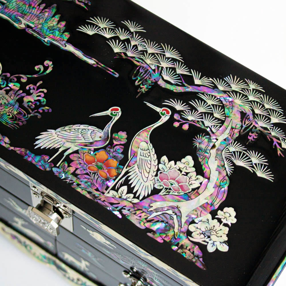 Premium Najeonchilgi Vanity Mirror 4-Tier Pine & Crane Drawer Mother of Pearl Jewelry Box, 25 cm (Master Artisan Hong Seok-pyo)