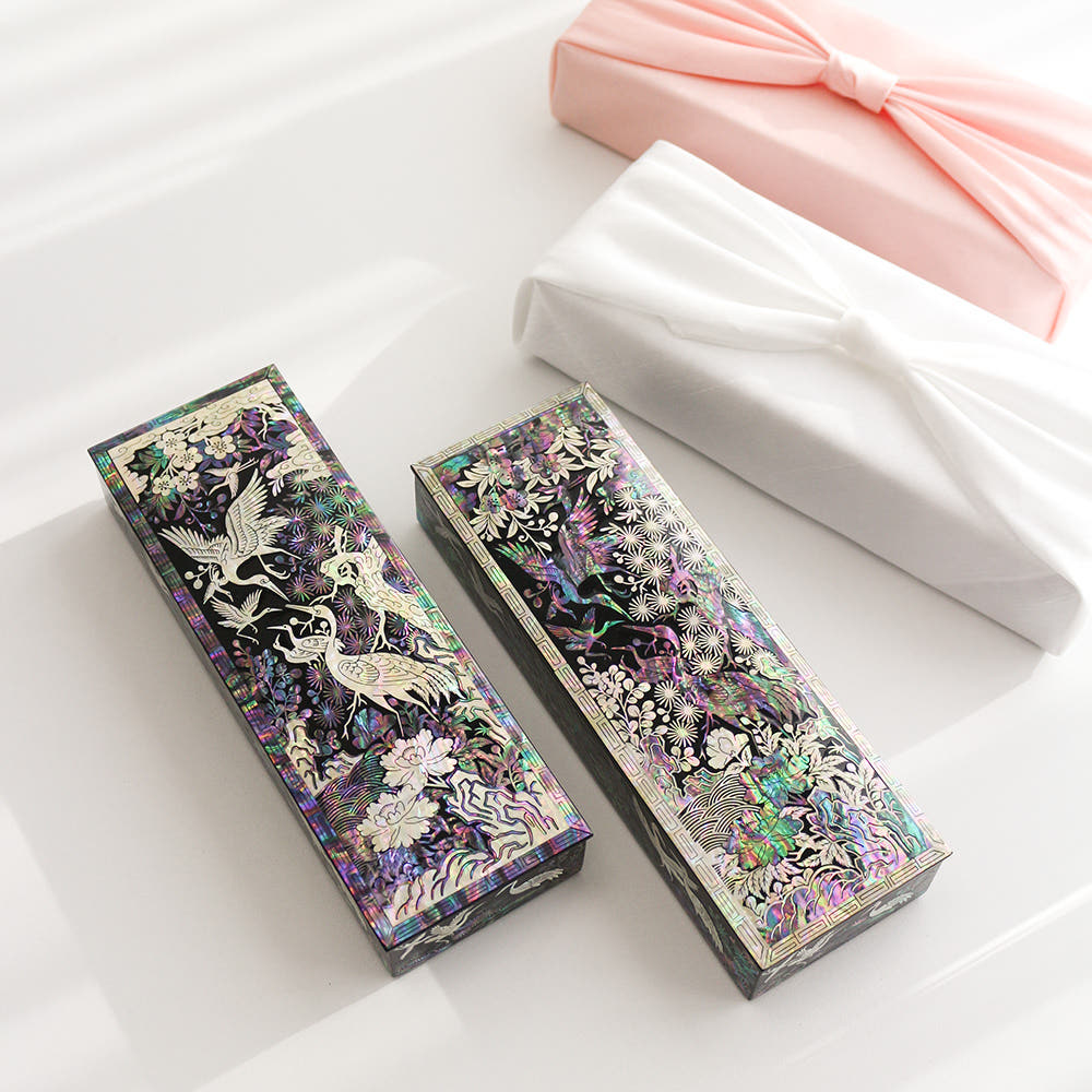 Korean Red Najeonchilgi Pine & Crane Peony Mother of Pearl Pen Case Traditional
