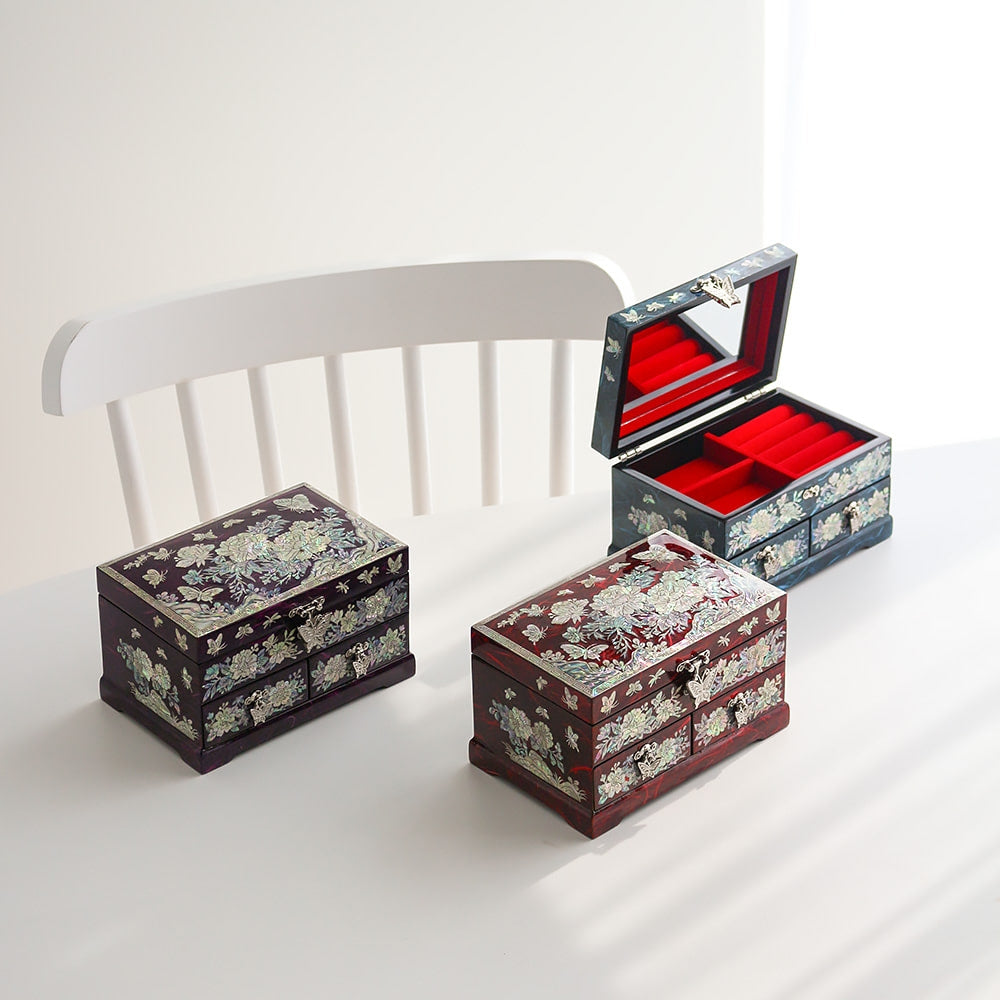 Najeonchilgi 1-Tier Hanji (Peony)2-Drawer Mother of Pearl Jewelry Box