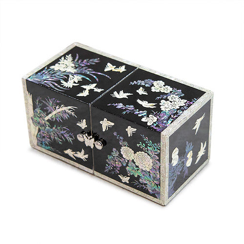 Four Gracious Plants NaturalMother of Pearl Double Lidded Jewelry Box (Medium, Glossy, Black) - Oh Myung - Ho