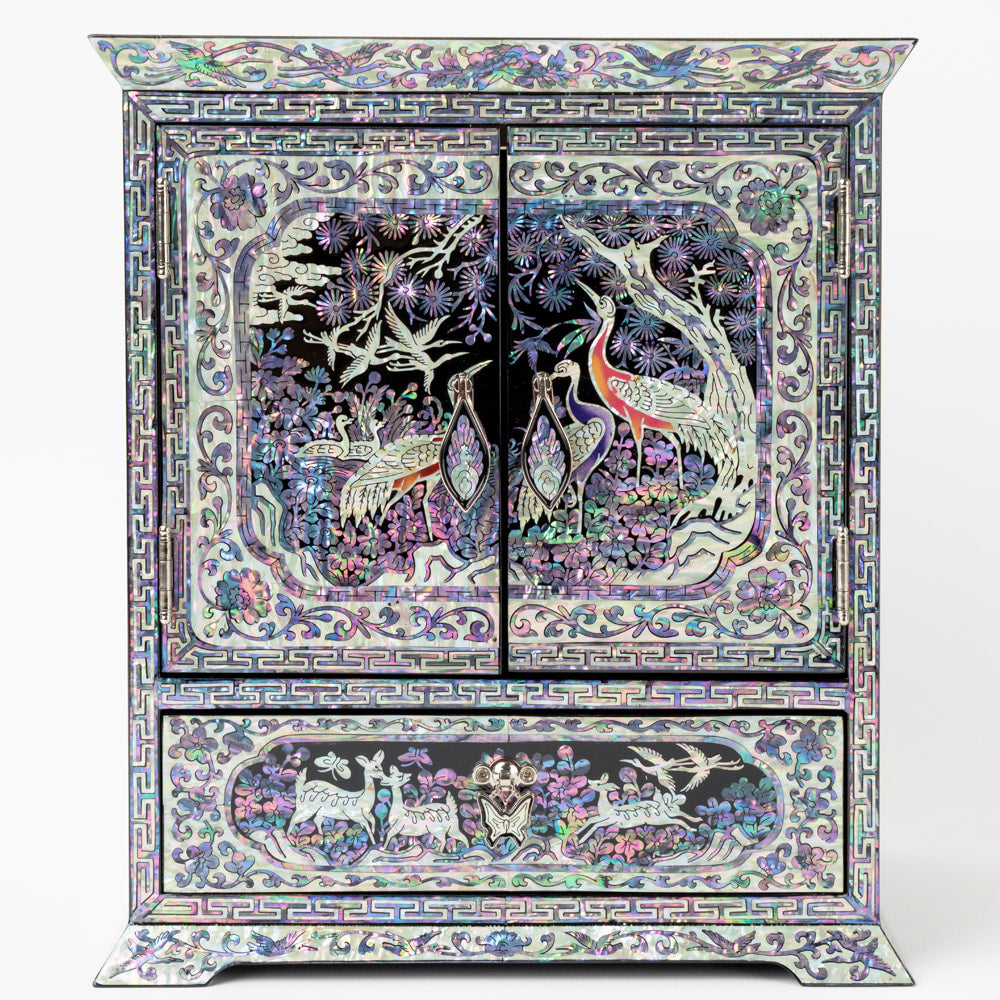 Najeonchilgi Lacquerware Crane & Pine Ten Symbols of Longevity Double Door Drawer Mother of Pearl Jewelry Box Large
