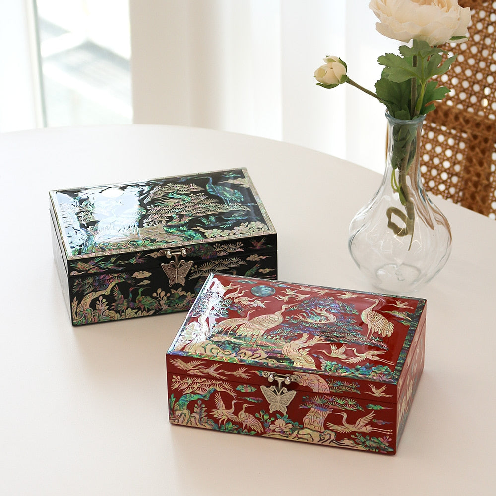 Najeonchilgi Pine & Crane 1-Tier Mother of Pearl Jewelry Box, 18 cm