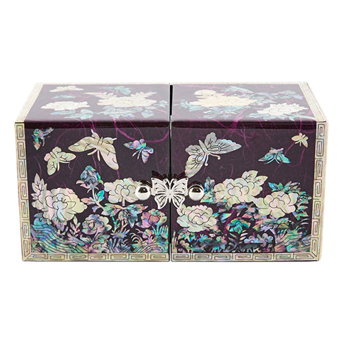 Peony Cloud Pattern Border Hanji Double Lidded Mother of Pearl Jewelry Box (Small, Glossy, Purple)