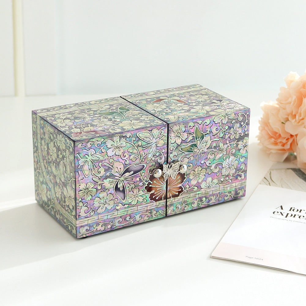 Najeonchilgi Painted Butterfly Double-Lidded Mother of Pearl Jewelry Box (Large)