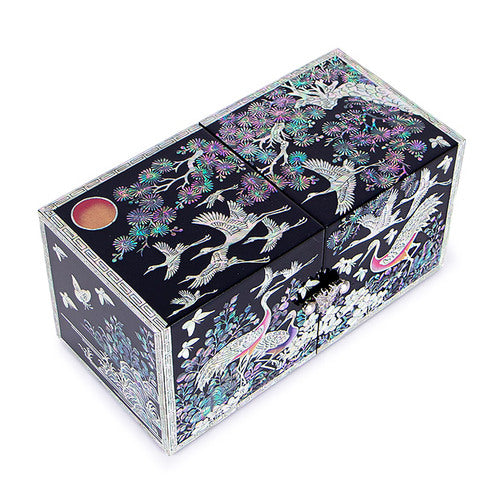 Crane & Pine Double Lidded Mother of Pearl Jewelry Box (Black, Large)