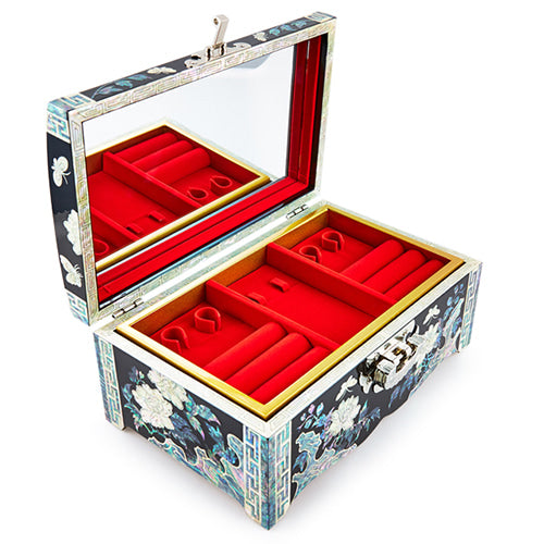 Peony Straight Rounded Mother of Pearl Jewelry Box (No. 8, Black)