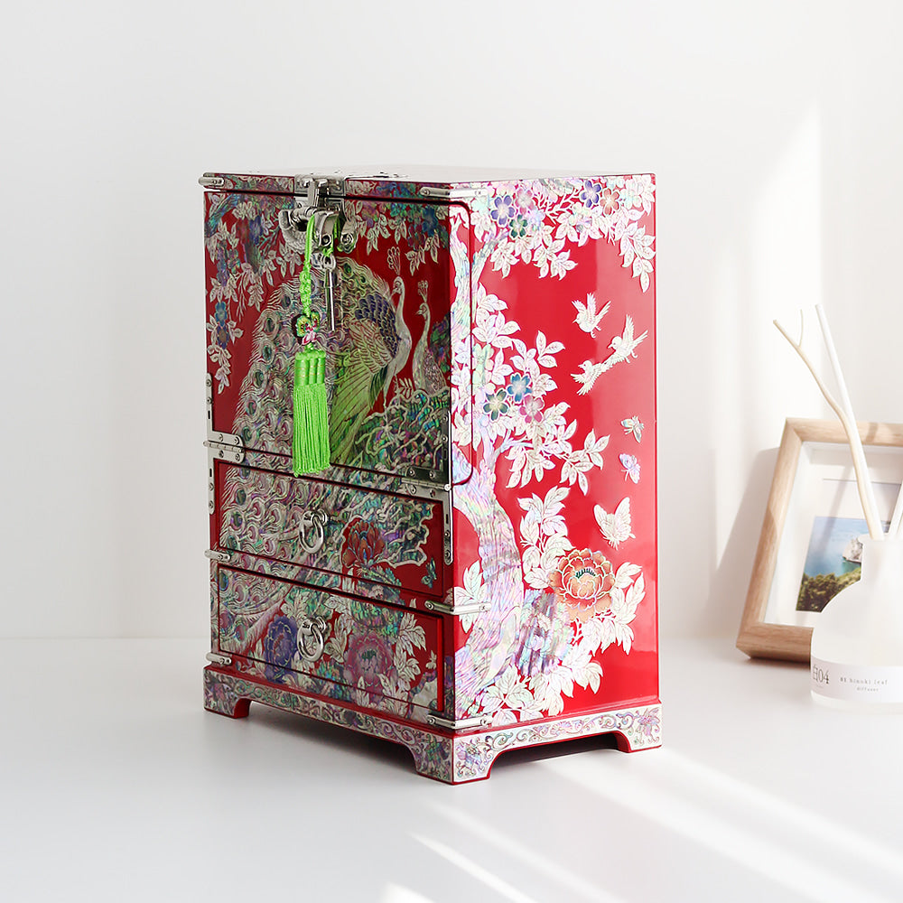 Masterpiece Najeonchilgi Peacock Drawer Mother of Pearl Jewelry Box Red Jewelry Box (Master Artisan Jang Tae-bok)