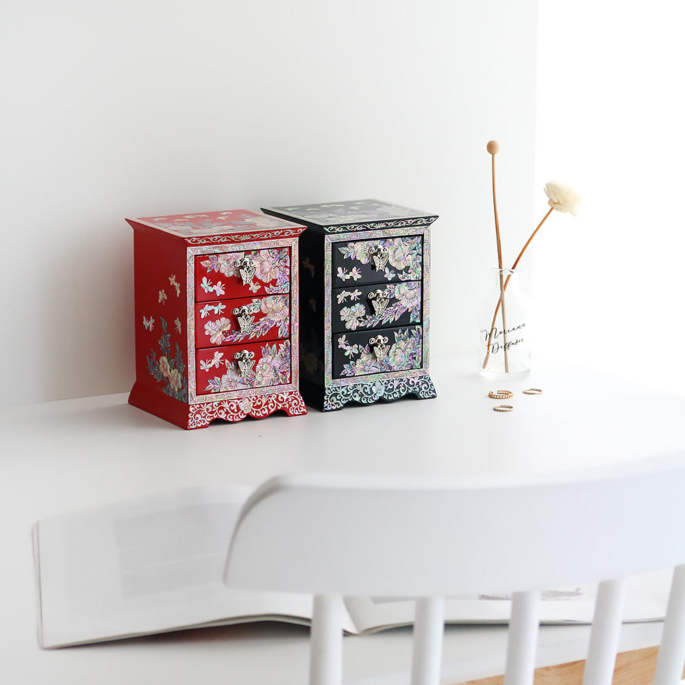Najeonchilgi Peony Flower Arabesque 3-Tier Drawer Mother of Pearl Jewelry Box