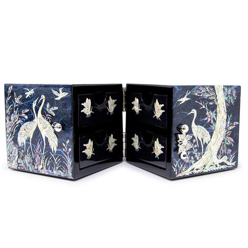 Crane & Pine Hanji Double Lidded Mother of Pearl Jewelry Box (Medium, Glossy, Blue)
