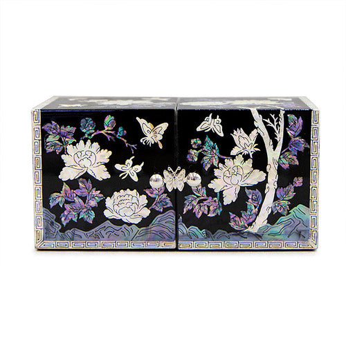 Peony NaturalMother of Pearl Double Lidded Jewelry Box (Medium, Glossy, Black) - Oh Myung - Ho