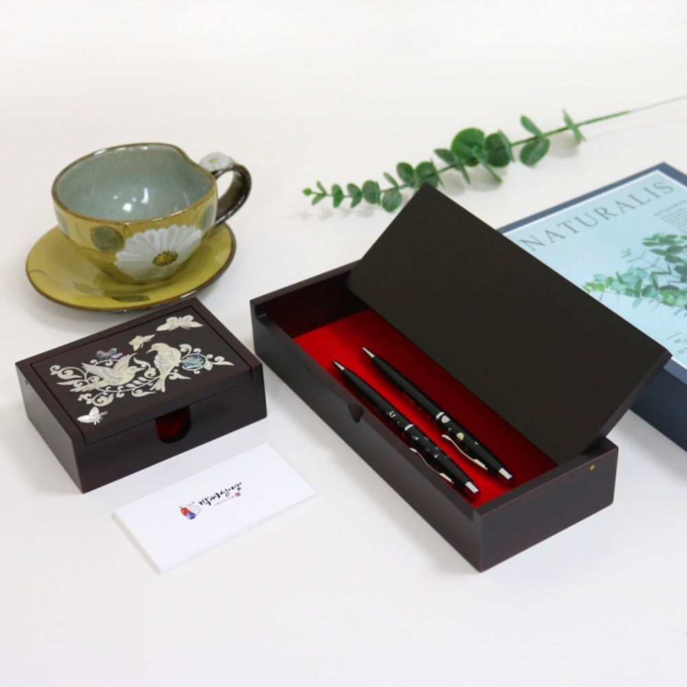 Najeonchilgi 2 Bell Birds & Flowers Mother of Pearl Business Card Case & Pen Case (Auto-Open)