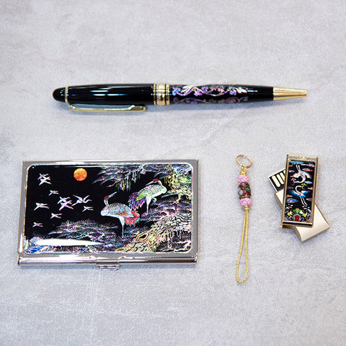 Mother of Pearl Business Card Case, Ballpoint Pen & 16GB USB Set, Pine & Crane