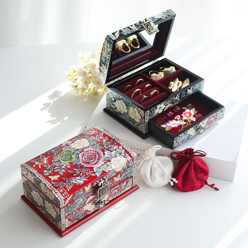 Masterpiece Najeonchilgi Rose 1-Tier Drawer Mother of Pearl Jewelry Box, 15 cm (Master Artisan Kim Young-man)