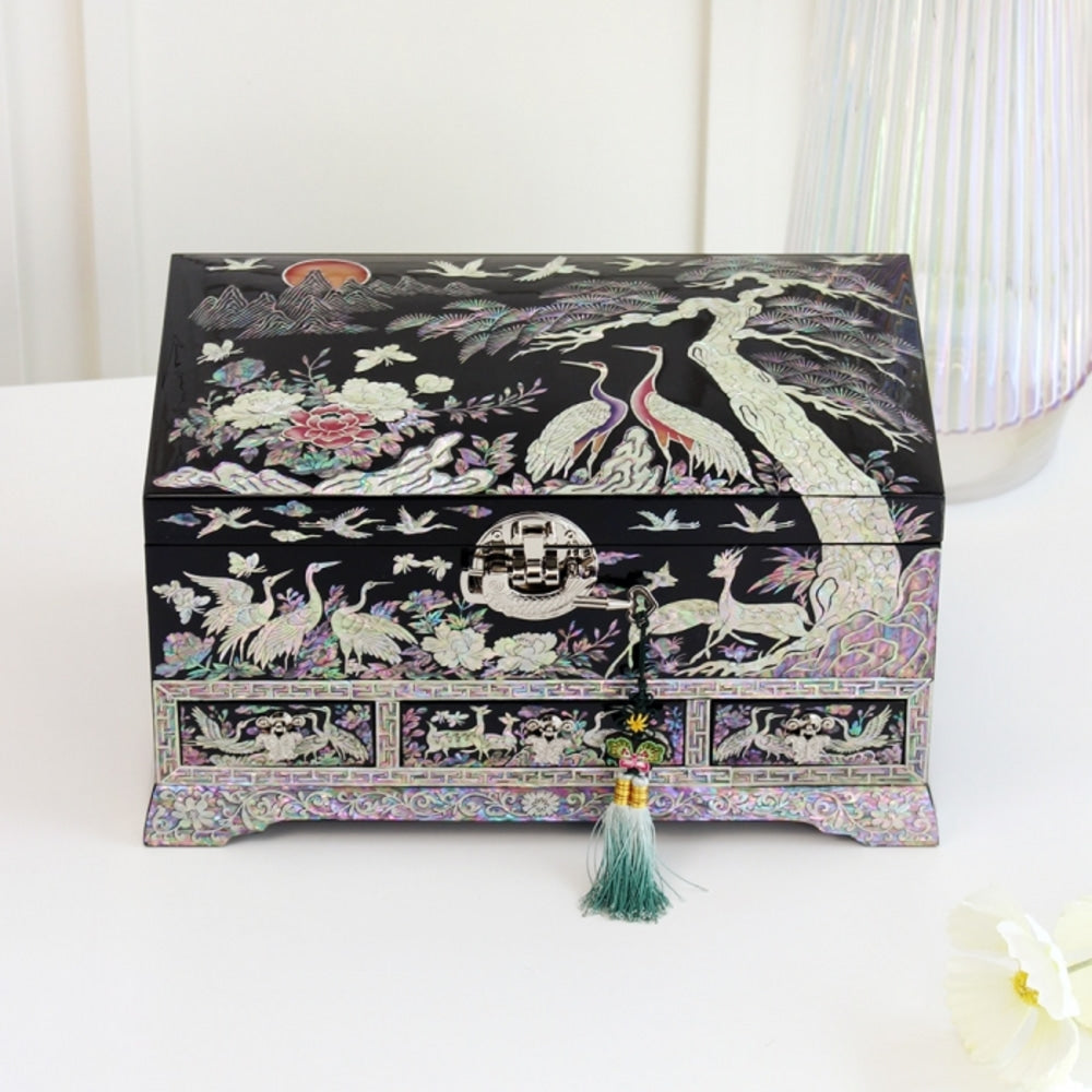 Premium Najeonchilgi Drawer Flower Pine & Crane Saju Jewelry Box Black Jewelry Box Yedan Wedding Gift Box, 32 cm
