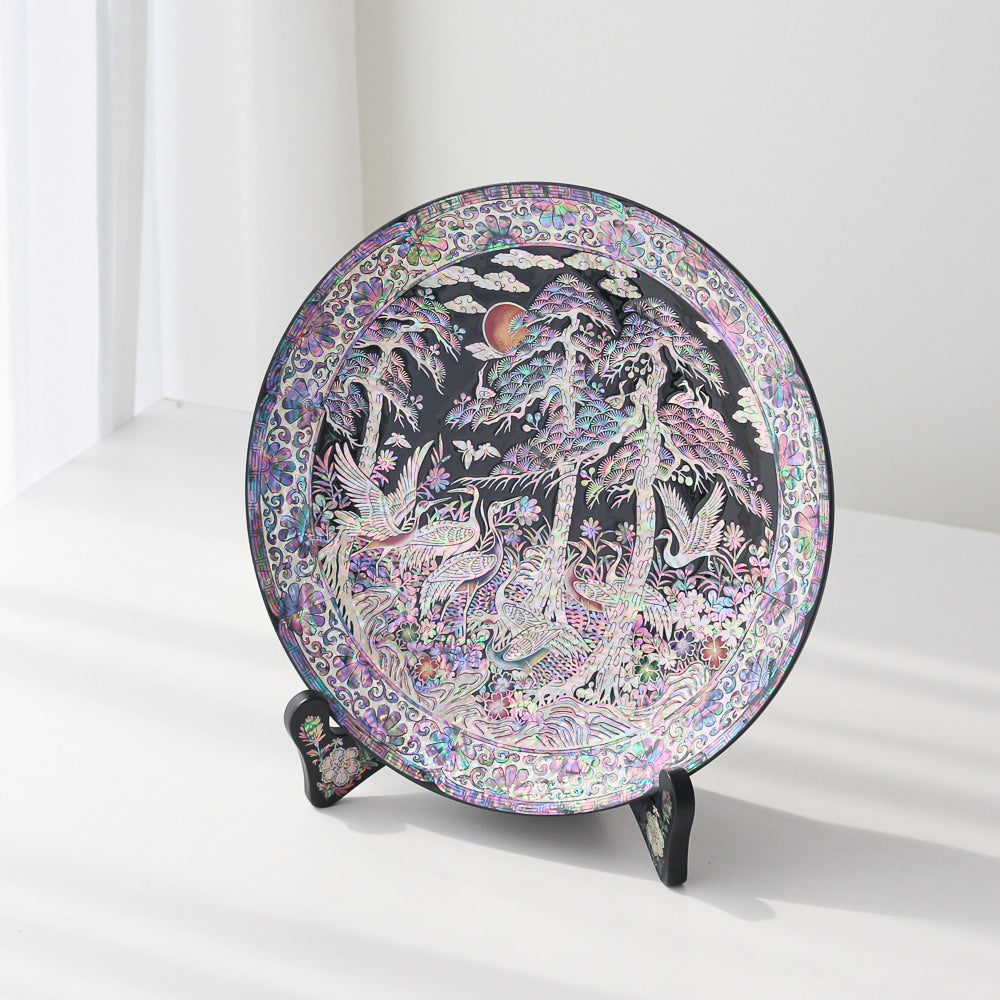 Najeonchilgi Pine & Crane Ornament Dragon Round Mother of Pearl Tray, 30 cm