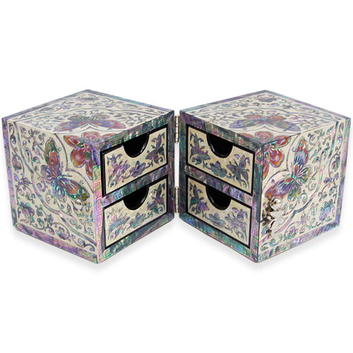 ArabesqueButterfly Double Lidded Mother of Pearl Jewelry Box (Medium, Black)