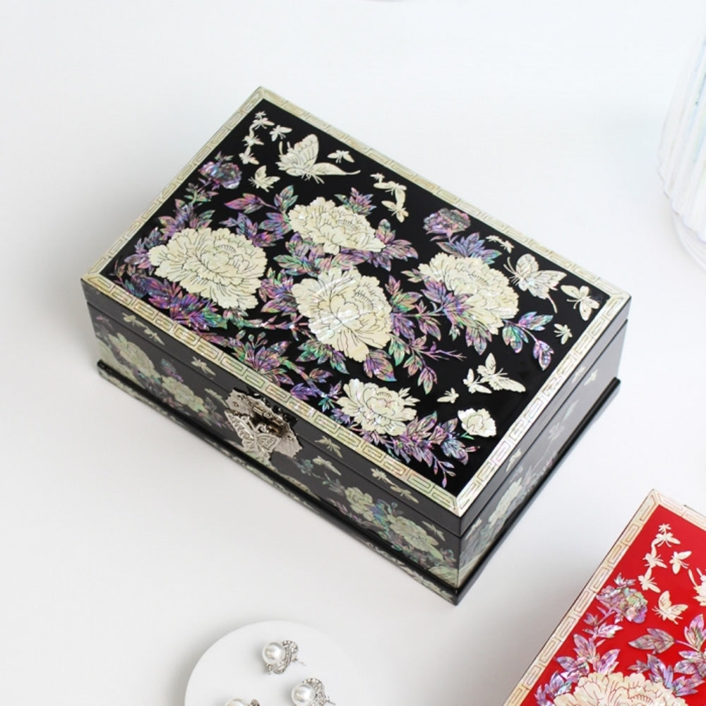 Najeonchilgi Peony 2-Tier Mother of Pearl Jewelry Box Yedan Wedding Gift Box, 24 cm