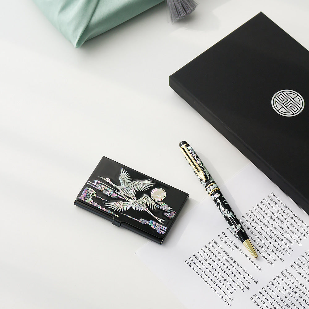 2-Piece Set: Carved Mother of Pearl Business Card Case Pine & Crane Mother of Pearl Pen Set