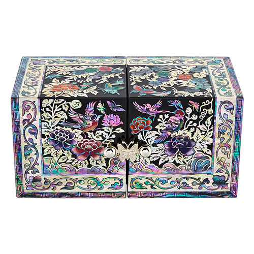 Square Flowers & Birds Double Lidded Mother of Pearl Jewelry Box (Small, Black)