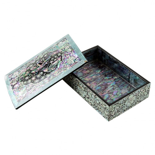 Arabesque Crane & Pine Mother of Pearl Business Card Case, Multi-Purpose Box (Black)