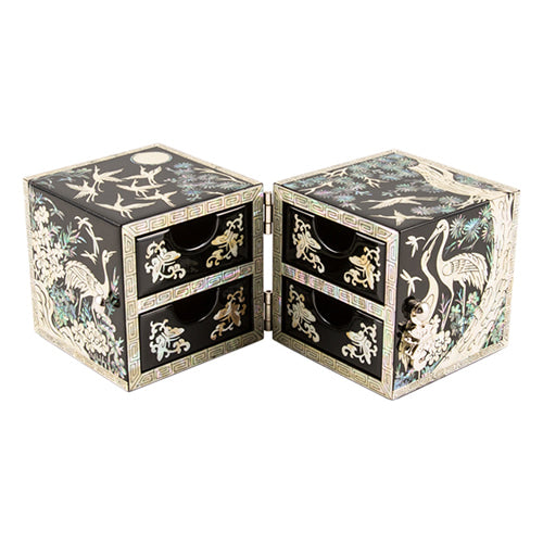 Crane & Pine Cloud Pattern Border Double Lidded Mother of Pearl Jewelry Box (Small, Glossy, Oh Myung - Ho)