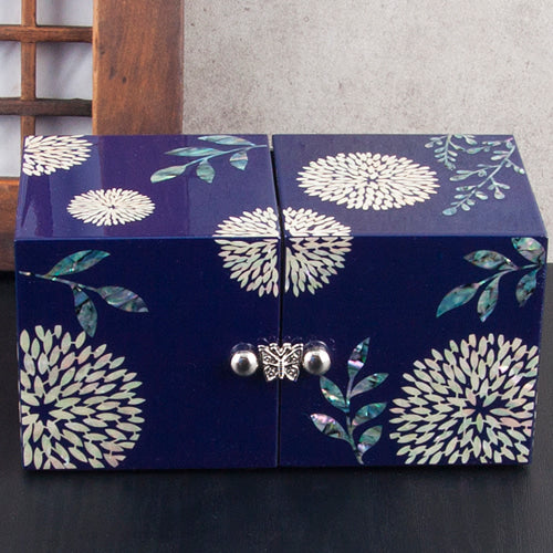 Premium Mother of Pearl ChrysanthemumFlower Double Lidded Jewelry Box (Glossy, Small) - Red, Blue