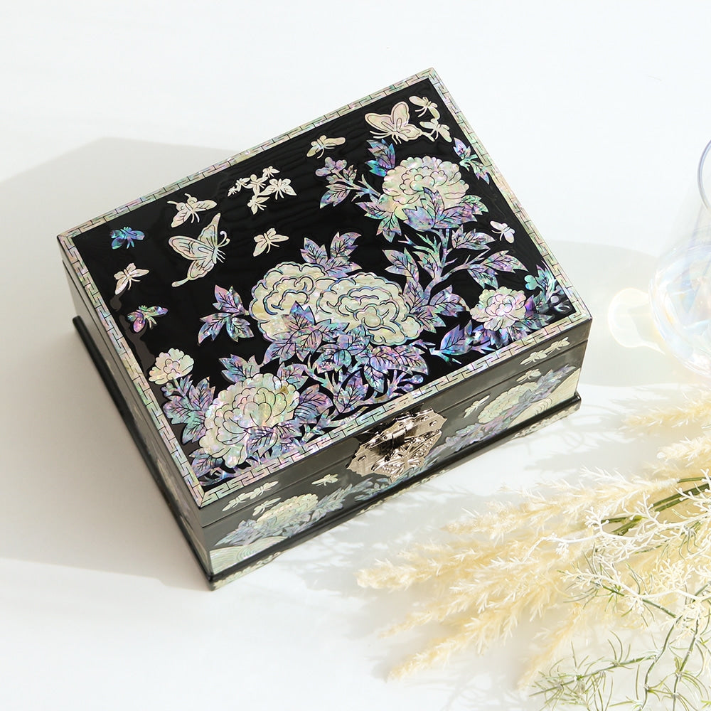 Najeonchilgi Peony Flower 2-Tier Mother of Pearl Jewelry Box Black, 18 cm