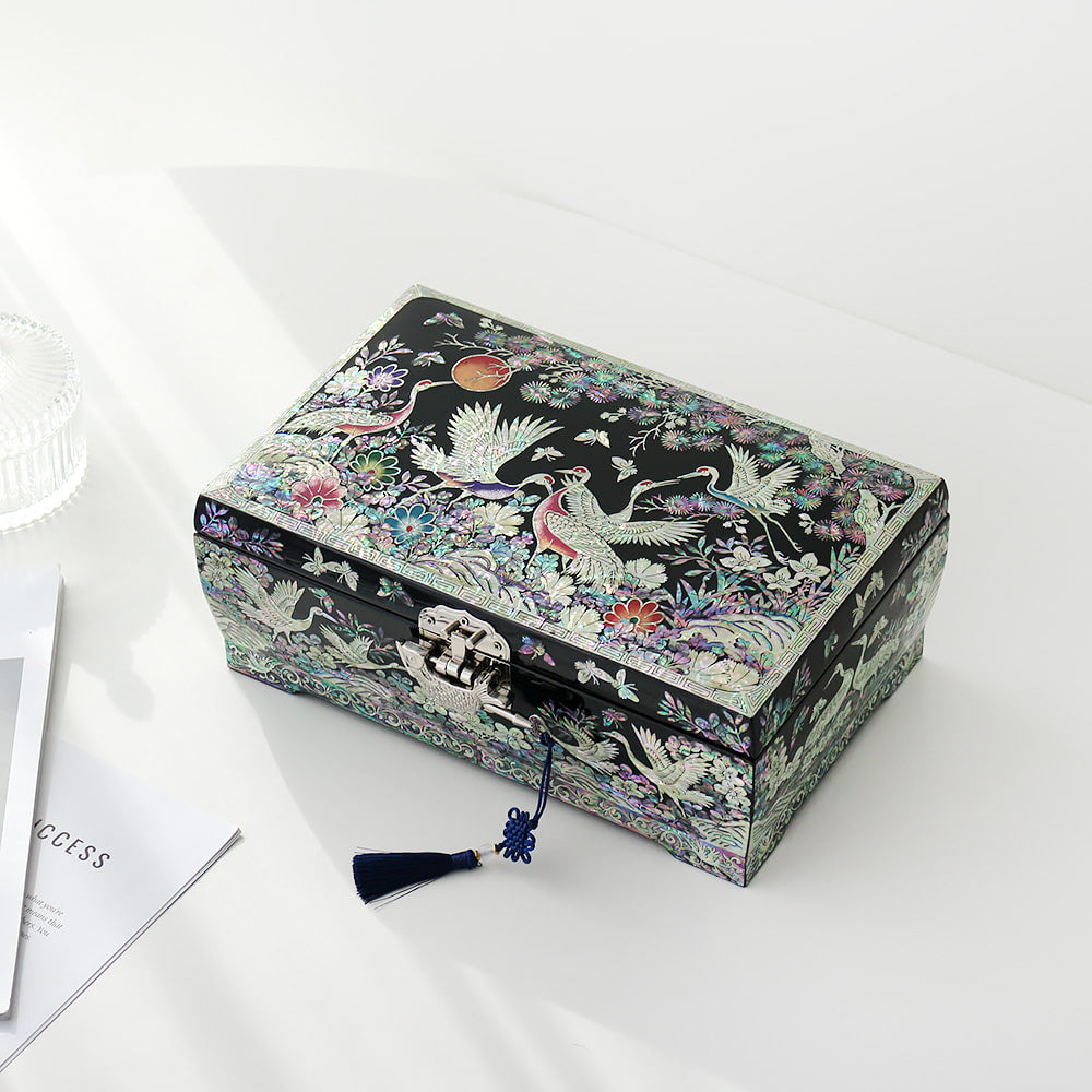 Masterpiece Najeon Large 2-Tier Flower Pine & Crane Jewelry Box, 30 cm (Master Artisan Jang Tae-bok)