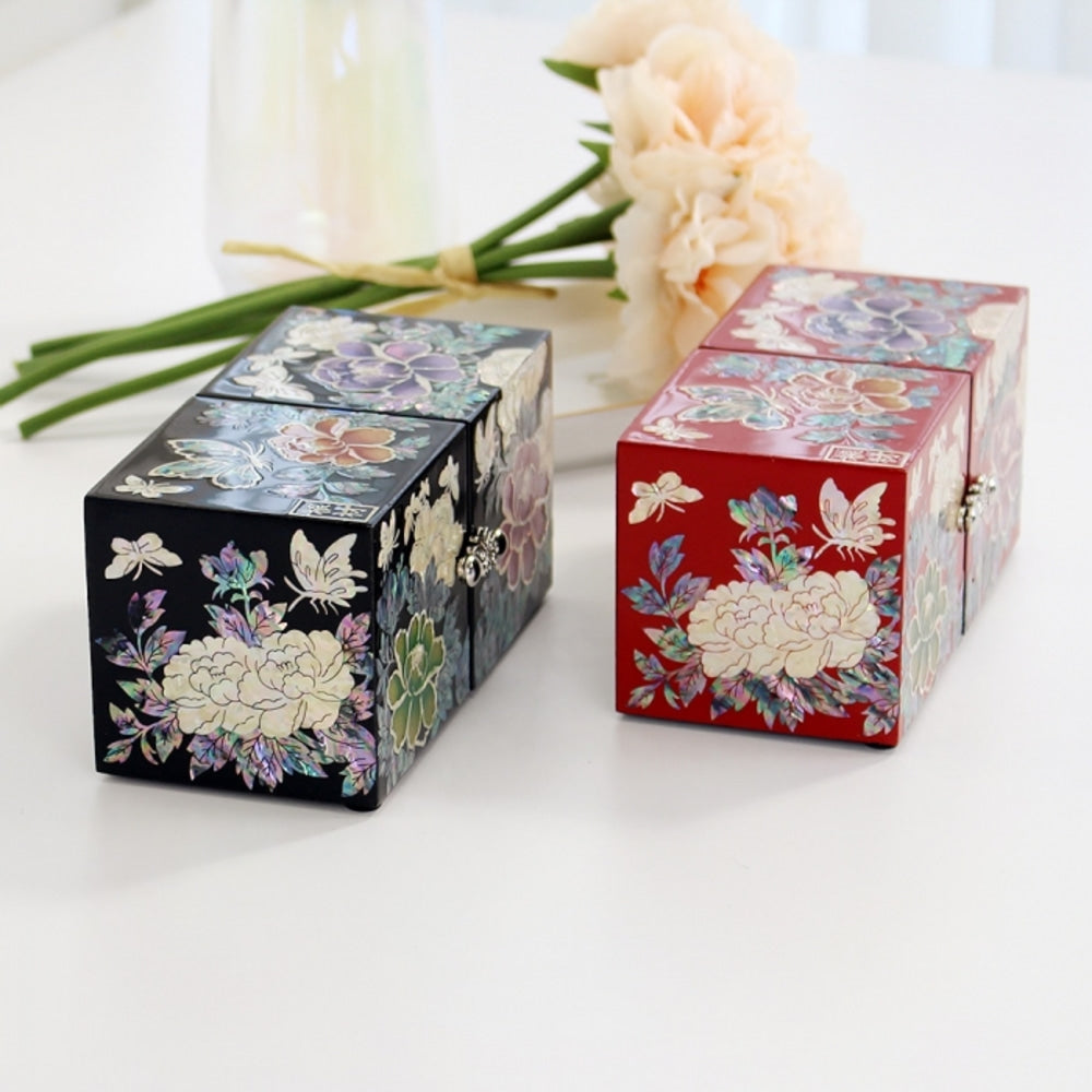 Masterpiece Najeonchilgi Mini Double-Lidded Small (Peony) Secret Mother of Pearl Jewelry Box (Master Artisan Kim Young-man)