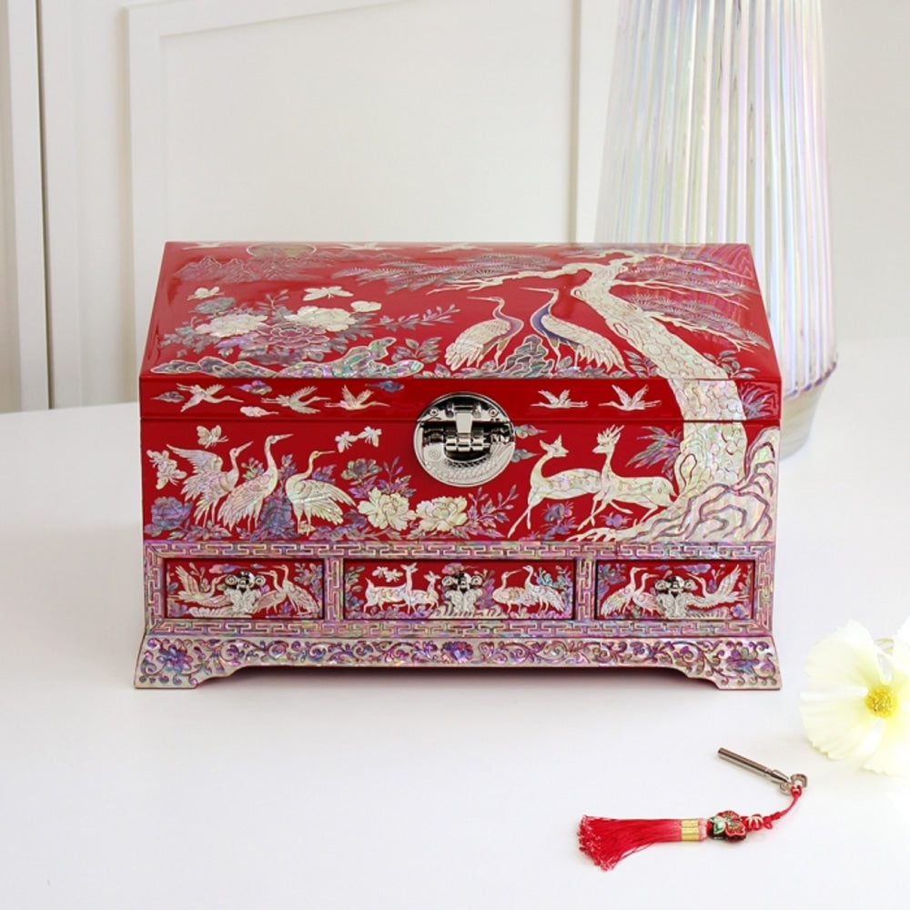 Premium Najeonchilgi Drawer Flower Pine & Crane Saju Jewelry Box Red Jewelry Box Yedan Wedding Gift Box, 32 cm