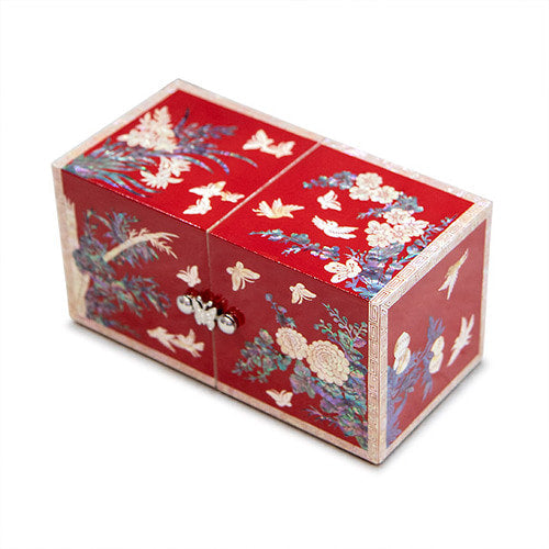 Four Gracious Plants NaturalMother of Pearl Double Lidded Jewelry Box (Medium, Glossy, Red) - Oh Myung - Ho