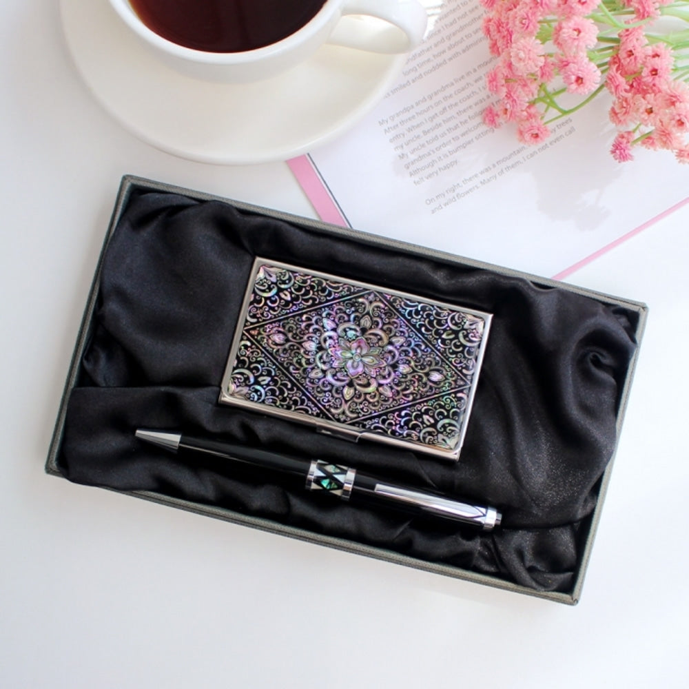 2-Piece Set: Mother of Pearl Business Card Case N Gift Pen