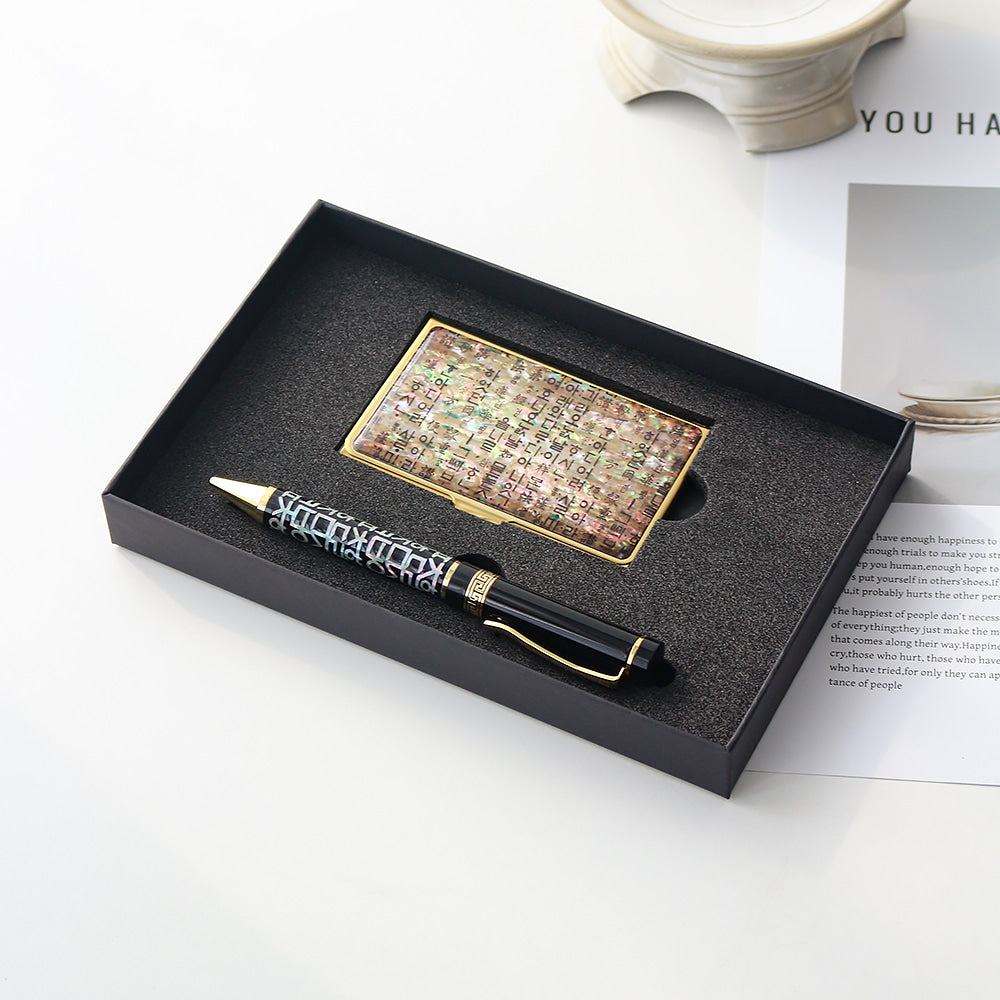 2-Piece Set: Gold Mother of Pearl Business Card Case N Hangul Lattice Mother of Pearl Pen Set (Lower Inlay)