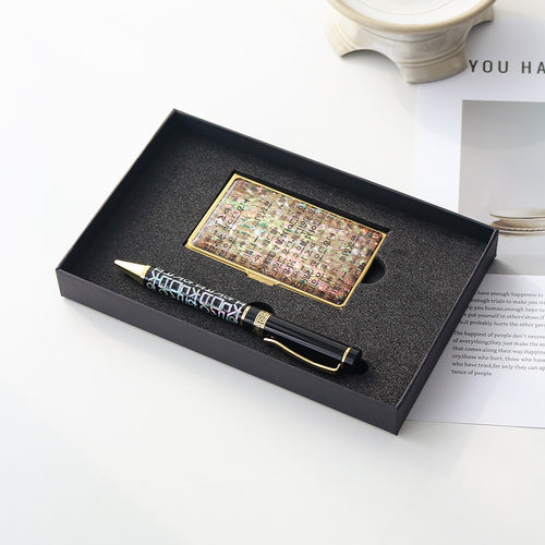 2-Piece Set: Gold Mother of Pearl Business Card Case N Hangul Lattice Mother of Pearl Pen Set (Lower Inlay)