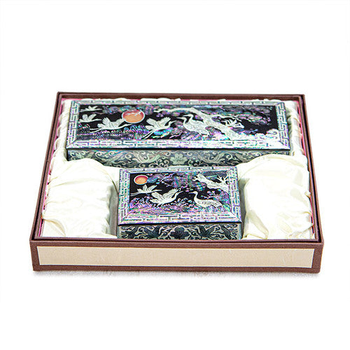 Mother of Pearl Business Card Holder & Pen Holder Set — Sipjangsaeng (Ten Symbols of Longevity) with Cloud Border - OF0232