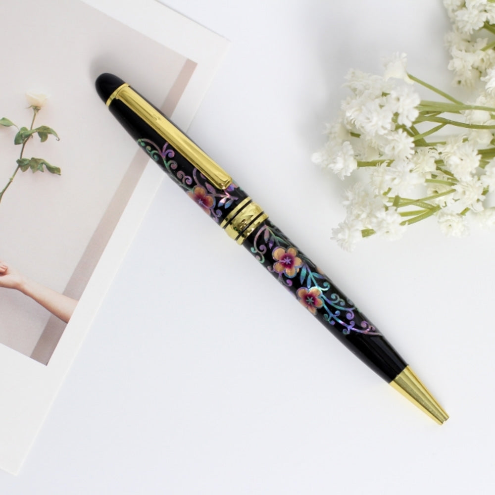 2-Piece Set: Gold Mother of Pearl Business Card Case N Painted Plum Blossom Full Pen