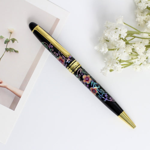 2-Piece Set: Gold Mother of Pearl Business Card Case N Painted Plum Blossom Full Pen