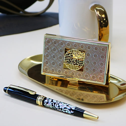 2-Piece Set: Metal Glossy Silver Business Card Case Mother of Pearl Pen Set (Flower & Crane)